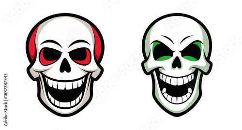 Two creepy laughing skulls with red and green eyes