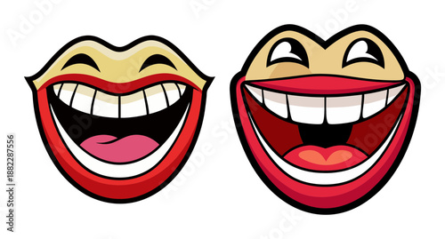 Two cartoon mouths laughing heartily showing teeth and red lips