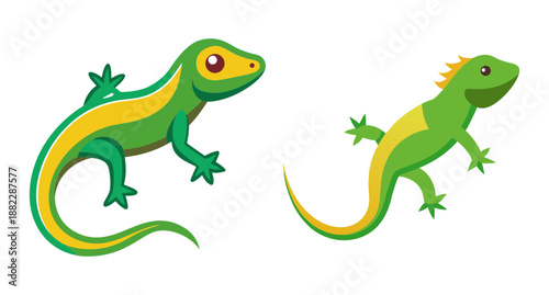 Two green and yellow lizards cute cartoon style creatures