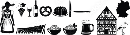 German Oktoberfest culture silhouettes featuring traditional dress, beer, wine, food, vineyard, half timbered house symbols vector illustration set