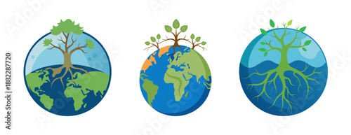 Earth with growing tree and roots symbolizing life and growth