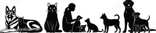 Pet care silhouettes showing cats and dogs with owner, animal companionship, love, and domestic life black vector illustration