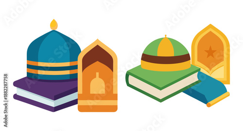 Islamic prayer caps and quran books simple art with decorative archways