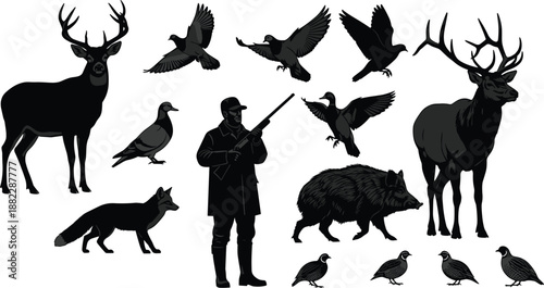 Wildlife hunting silhouettes with deer, birds, boar, fox, and hunter figure illustrating nature, game animals black vector illustration