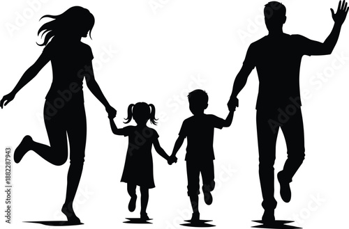 Happy family silhouettes walking together holding hands, parents and children bonding, love and togetherness black vector illustration