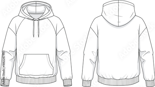 Front and back view hoodie sweatshirt technical sketch for fashion design, casual apparel mockup, clothing pattern template, cad drawing flat vector illustration