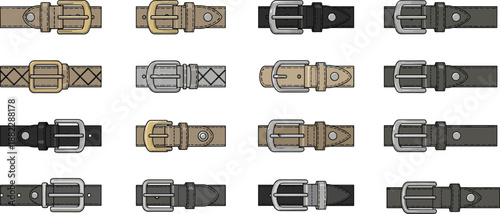 Leather belt buckle variations collection front view technical flat sketches showing classic and modern designs fashion accessory hardware set cad drawing flat vector illustration