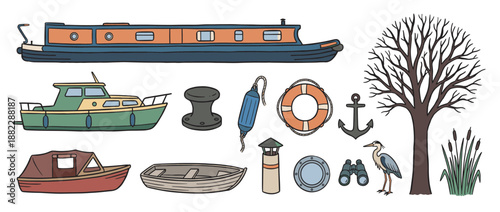 Collection of hand-drawn canal boat and river life illustrations with a narrowboat, heron, anchor, and lifebuoy in a charming, rustic cartoon vector style