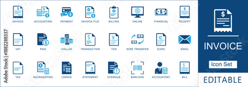 Invoice icon set. featuring billing, payment, accounting, tax, and currency symbols. Clean blue line art style, perfect for business apps and web UI.