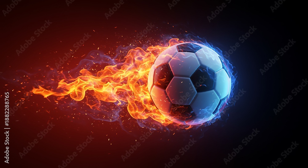 Fototapeta premium Soccer ball on fire with flames and sparks flying sports concept