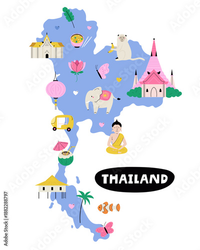 Illustrated Map of Thailand with Cultural Landmarks, Animals and Food. Cute Travel Vector Illustration