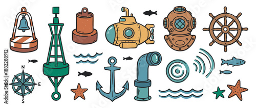 Colorful collection of hand-drawn nautical icons featuring a submarine, anchor, compass, and vintage diving helmet in a charming, retro cartoon style with a textured finish