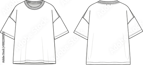 Oversized t shirt front back technical flat sketch with dropped shoulders relaxed fit apparel template cad drawing flat vector illustration