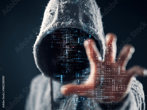 Cybercriminal in Hood with Code Face Illustration
