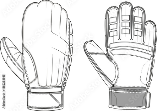 Professional goalkeeper gloves technical CAD drawing showing palm and back views with reinforced padding and wrist strap, sports equipment cad drawing flat vector illustration