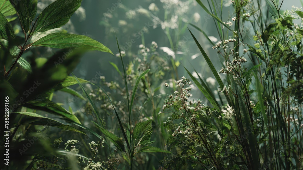 Fototapeta premium Lush Greenery and White Wildflowers