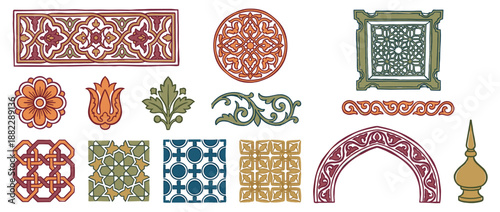 Collection of hand-drawn Islamic ornaments and architectural elements, featuring intricate borders, geometric patterns, floral motifs, and a decorative arch in earthy tones