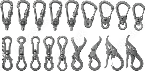 Set of metal carabiner and snap hook designs in technical CAD style showing industrial fasteners connectors and safety clips, cad drawing flat vector illustration