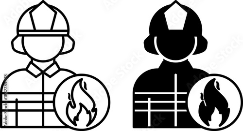 Fireman Icons. Black and White Vector Illustrations. Person in Protective Suit and Helmet. Profession. Emergency Rescue Service. Firefighter Concept