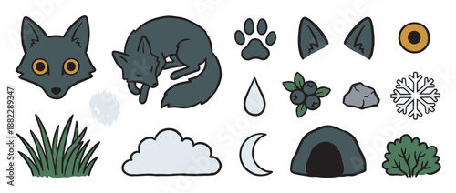 Collection of hand-drawn grey wolf illustrations with nature elements like a paw print, den, moon, and snowflake in a simple cartoon doodle style for children's design