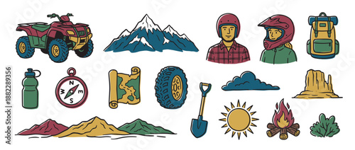 Colorful hand-drawn illustration set of off-road adventure icons including an ATV, mountains, compass, map, and camping gear for an exciting outdoor expedition theme