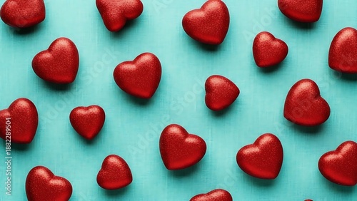 Numerous shiny red heart shapes scattered on a vibrant turquoise textured surface
