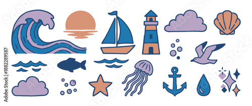 Collection of colorful hand-drawn nautical icons featuring a wave, sailboat, lighthouse, and seashell in a whimsical doodle style for summer and travel themes