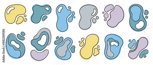 Collection of abstract hand-drawn fluid shapes with black outlines and pastel color fills, featuring organic, amorphous blobs in a minimalist, modern, and playful design