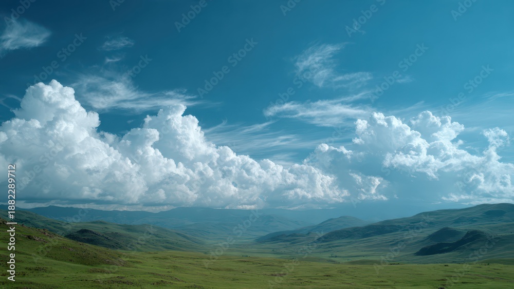 Fototapeta premium Rolling Green Hills and Cloudy Blue Sky