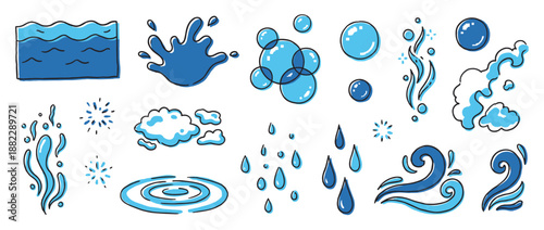 Charming collection of various blue water doodle illustrations featuring splashes, drops, bubbles, foam, and waves in a simple hand-drawn cartoon style with black outlines