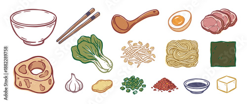Collection of hand-drawn ramen ingredients and toppings including noodles, chashu pork, egg, nori, and vegetables in a charming, rustic illustrated cartoon style