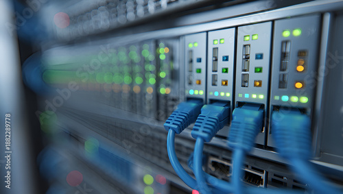 Close-up of network server ports with blinking LED lights and blue ethernet cables

