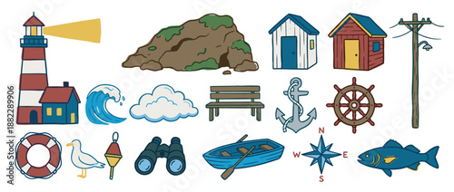 Large set of hand-drawn nautical icons featuring a lighthouse, anchor, boat, and fish in a charming cartoon doodle style for maritime and adventure themes
