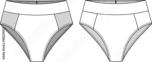 Women’s high waist briefs technical CAD drawing showing front and back views with elastic waistband and seamless fit, underwear apparel cad drawing flat vector illustration