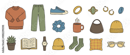 Collection of hand-drawn cozy autumn essentials including a sweater, pants, sneakers, and accessories in a warm color palette, illustrating a comfortable and stylish lifestyle