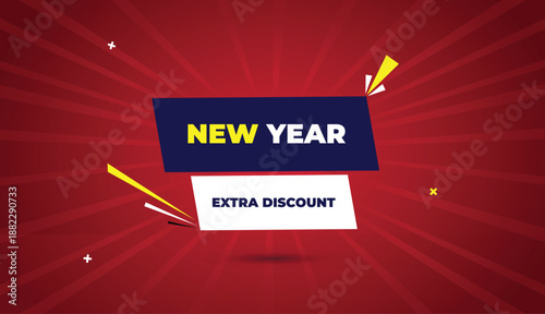 New Year Extra Discount Web Banner Vector Art Template Design Badge Icon Label Deep Blue White Shapes Yellow Bold Text Dark Red Light Sun Shine Abstract Business Background Modern Creative Promotion S