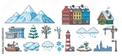 Large set of winter and arctic illustrations including snowy houses, mountains, a lighthouse, ice floes, a fishing boat, and trees in a colorful cartoon vector style