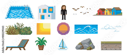Collection of pixel art icons featuring summer vacation elements like a swimming pool, house, sailboat, and sunset, created in a retro 8-bit video game style for digital design