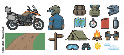 Pixel art icon set of motorcycle adventure and camping equipment including a bike, rider, tent, and campfire for a travel expedition theme in a retro 8-bit style