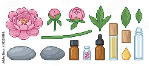 Detailed pixel art set featuring pink peony flowers, various essential oil bottles, a dropper, and spa stones for a retro wellness and beauty concept