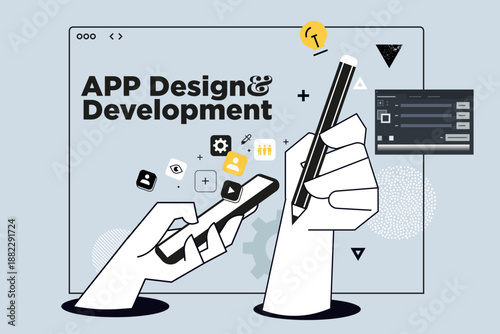Creative banner of app design and development. Vector illustrations for web banner, social media banner, business presentation, marketing material. 