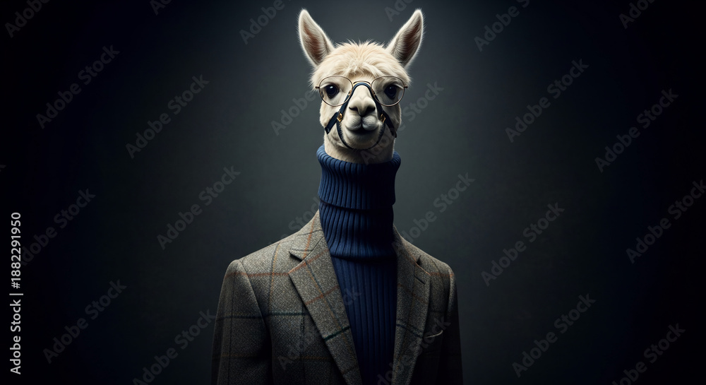 Fototapeta premium A llama with glasses and suit on dark gradient background, showcasing anthropomorphism and sophistication, perhaps representing intellect or a humorous take