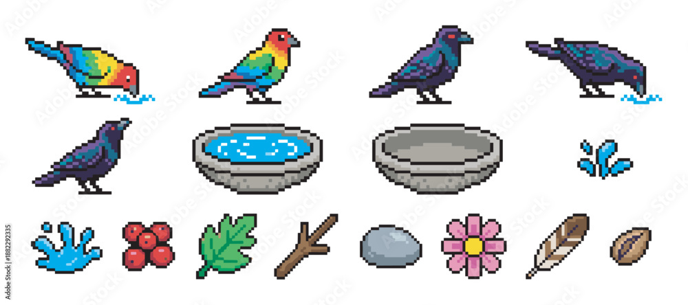 Fototapeta premium Pixel art collection of bird and nature icons featuring a rainbow bird, a dark crow, a stone birdbath, a feather, a flower, berries, and a leaf for a retro video game asset pack