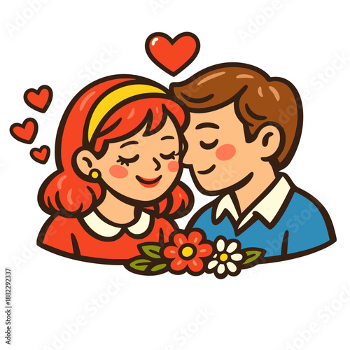 Vintage Style Romantic Couple with Flowers Cartoon Vector