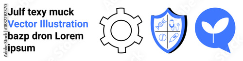 Gearwheel, shield with medical symbols, and leaf in blue speech bubble symbolize technology, health protection, and sustainability. Ideal for health, tech, environment, insurance innovation