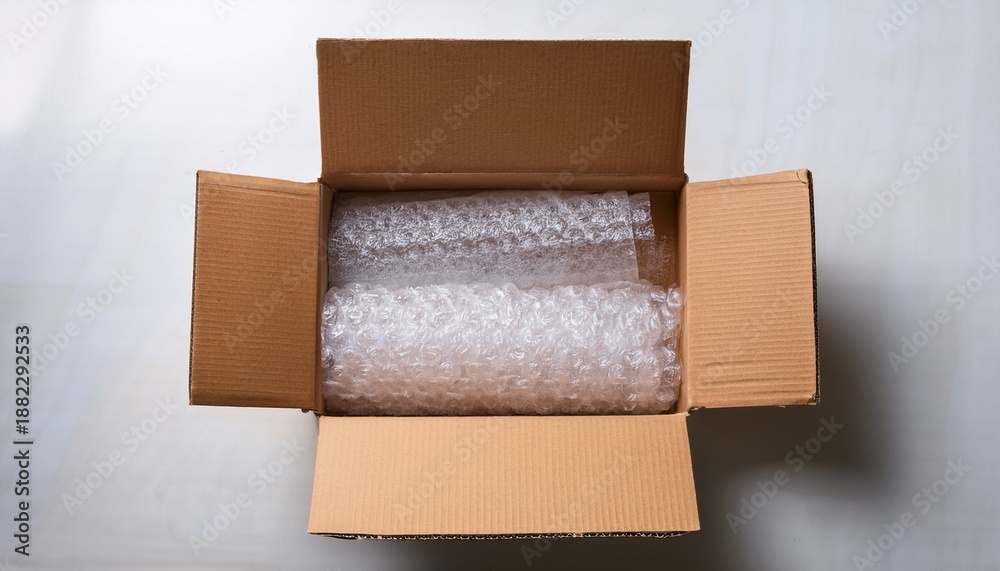Obraz premium top view of opened shipping box with layered corrugated cardboard strips and bubble wrap demonstrating professional sustainable packaging standards