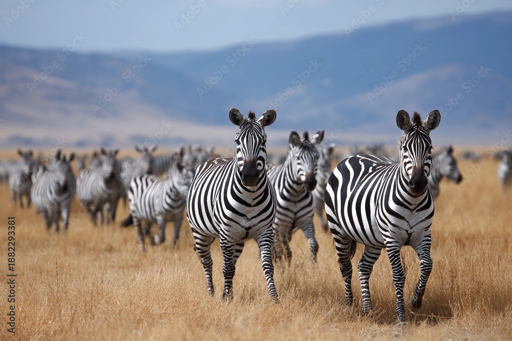 Fototapeta premium Herd of zebras running across an open grassland