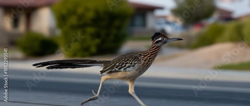 A roadrunner runs down the road in a suburban setting.