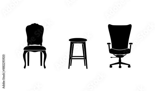 Row of chair silhouettes vector illustration with different chair styles on white background