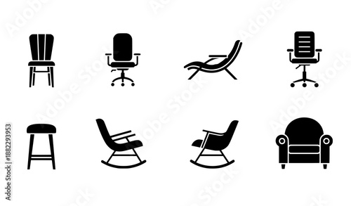 Chair silhouette vector set with modern and classic chair icons on white background